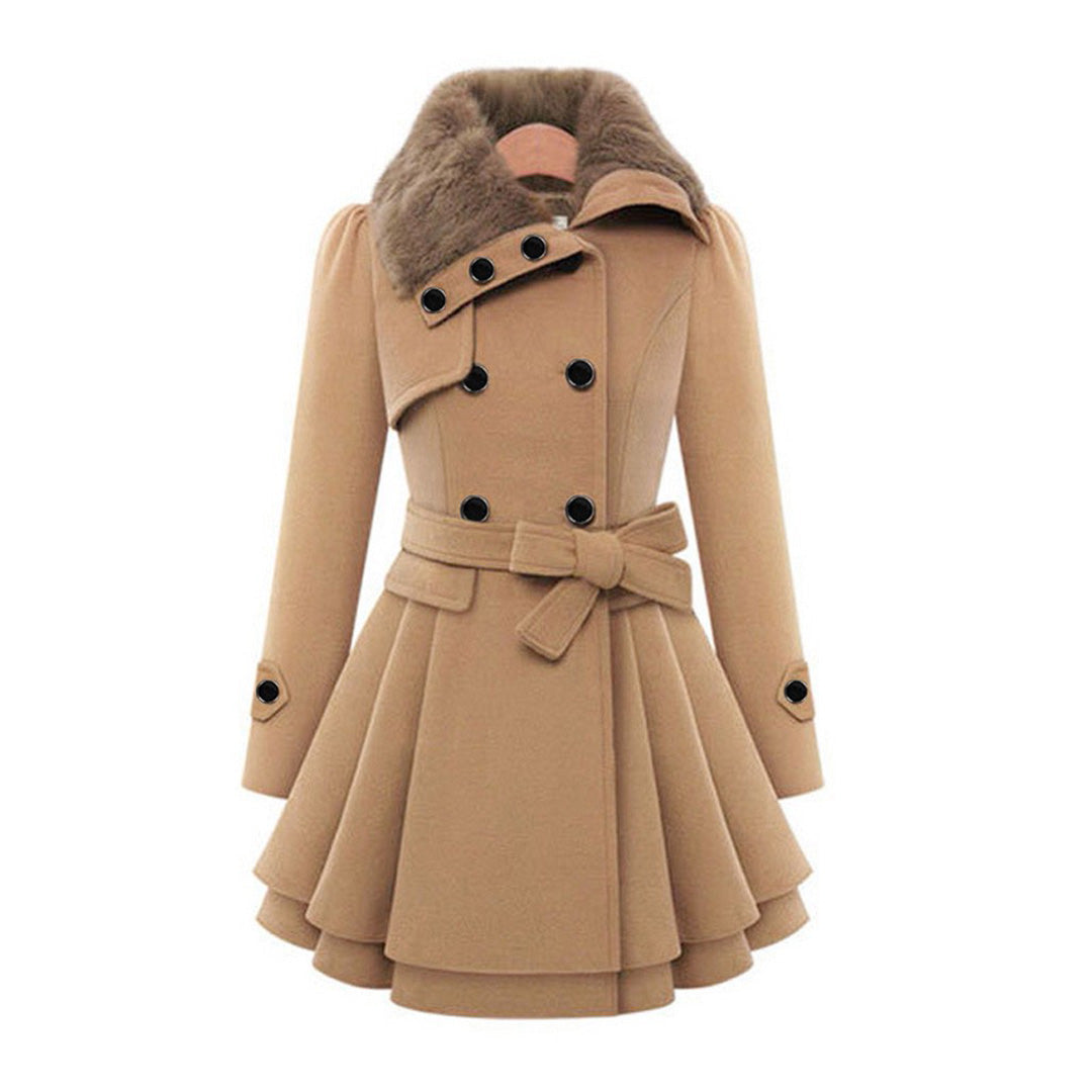 Eliza Belted Coat with Flared Hem and Fur-Look Collar in Khaki