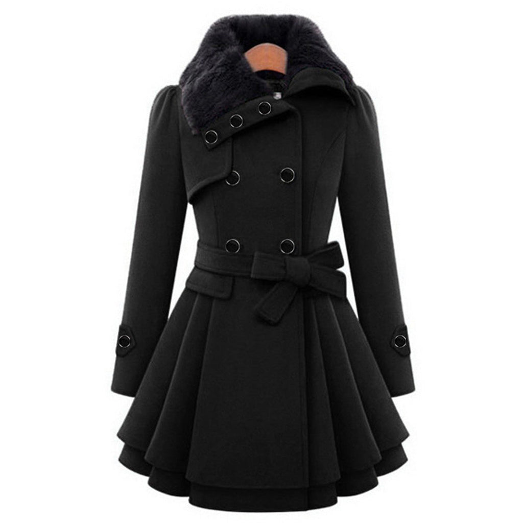 Eliza Belted Coat with Flared Hem and Fur-Look Collar in Black