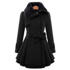 Eliza Belted Coat with Flared Hem and Fur-Look Collar in Black