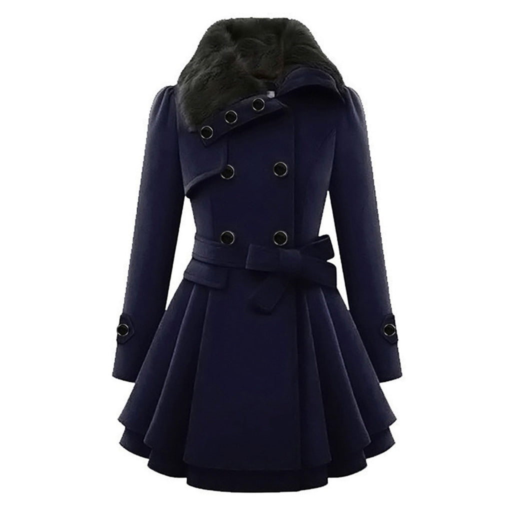 Eliza Belted Coat with Flared Hem and Fur-Look Collar in Blue