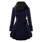 Eliza Belted Coat with Flared Hem and Fur-Look Collar in Blue