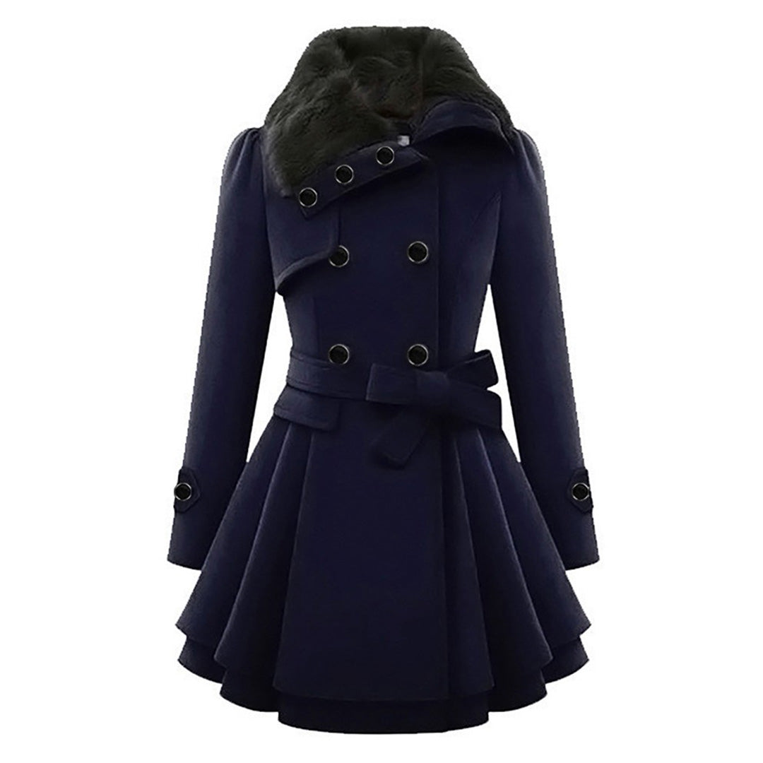 Eliza Belted Coat with Flared Hem and Fur-Look Collar in Blue