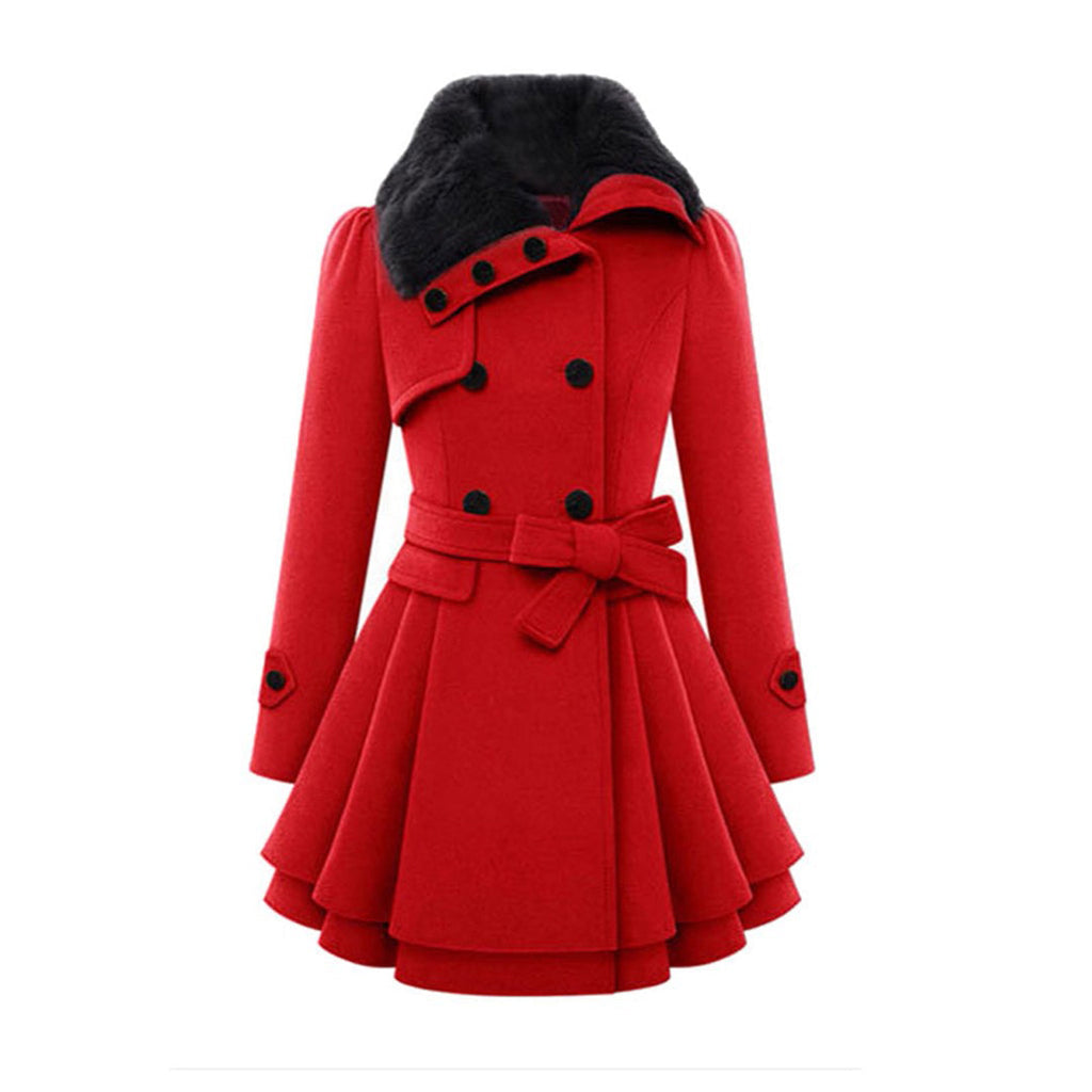 Eliza Belted Coat with Flared Hem and Fur-Look Collar in Red