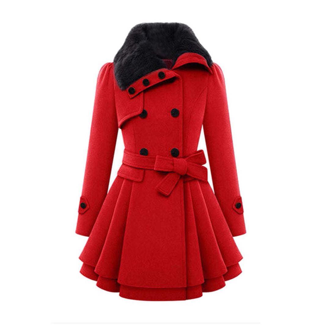Eliza Belted Coat with Flared Hem and Fur-Look Collar in Red
