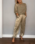 Emma Satin-Look Set with Boxy Top and Tapered Trousers in Gold