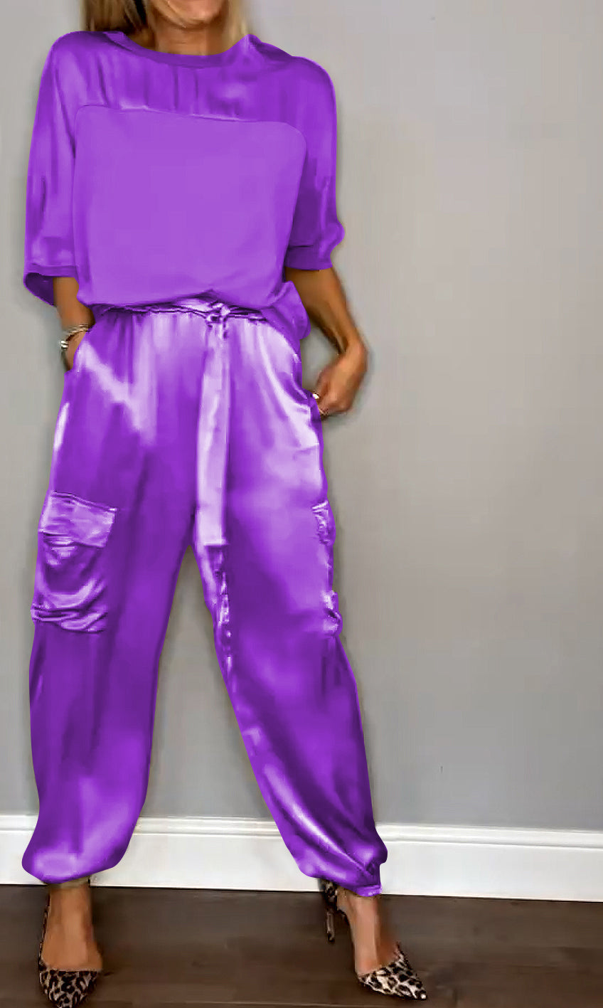 Emma Satin-Look Set with Boxy Top and Tapered Trousers in Purple