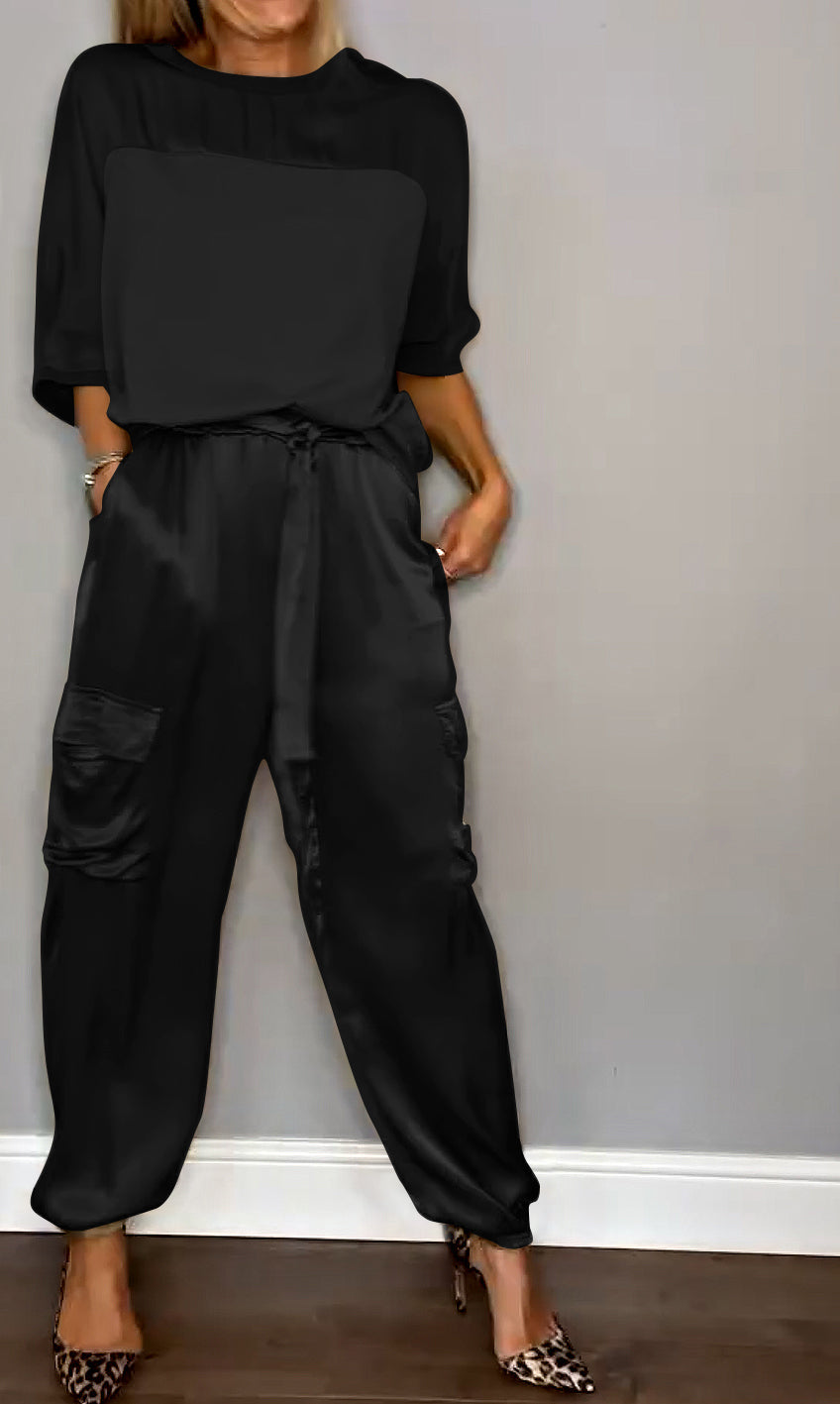 Emma Satin-Look Set with Boxy Top and Tapered Trousers in Black