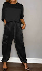 Emma Satin-Look Set with Boxy Top and Tapered Trousers in Black