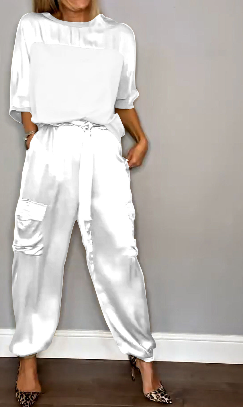 Emma Satin-Look Set with Boxy Top and Tapered Trousers in White