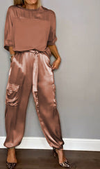 Emma Satin-Look Set with Boxy Top and Tapered Trousers in Brown