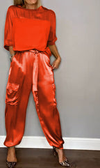 Emma Satin-Look Set with Boxy Top and Tapered Trousers in Red