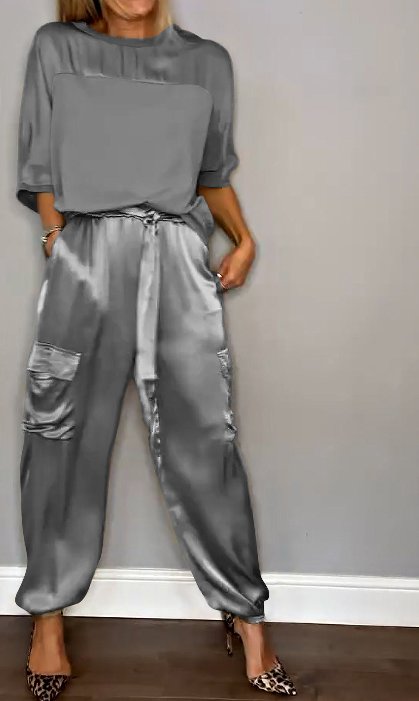 Emma Satin-Look Set with Boxy Top and Tapered Trousers in Grey