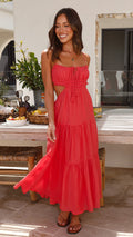 Emma Tiered Midi Dress with Smocked Bodice and Straps in Red