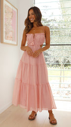 Emma Tiered Midi Dress with Smocked Bodice and Straps in Salmon