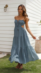 Emma Tiered Midi Dress with Smocked Bodice and Straps in Blue