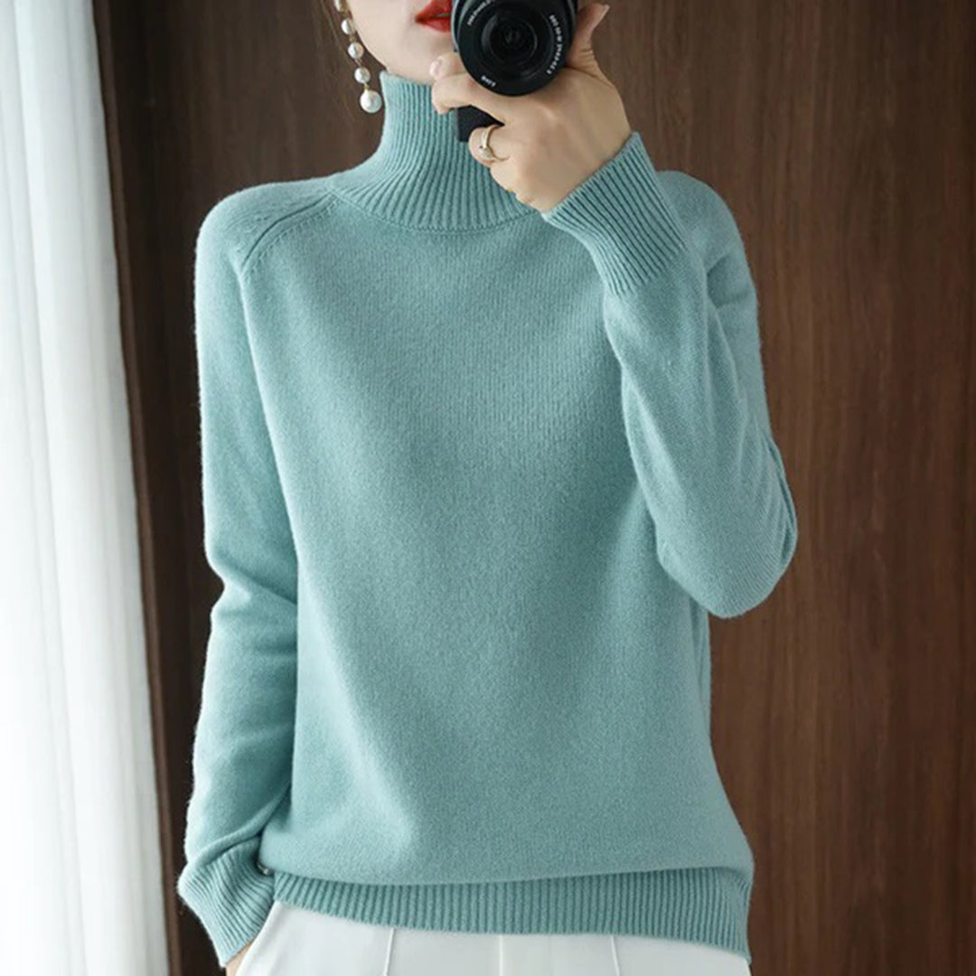 Euphrasia Soft Knit Turtleneck Sweater in a Plain Weave in Green