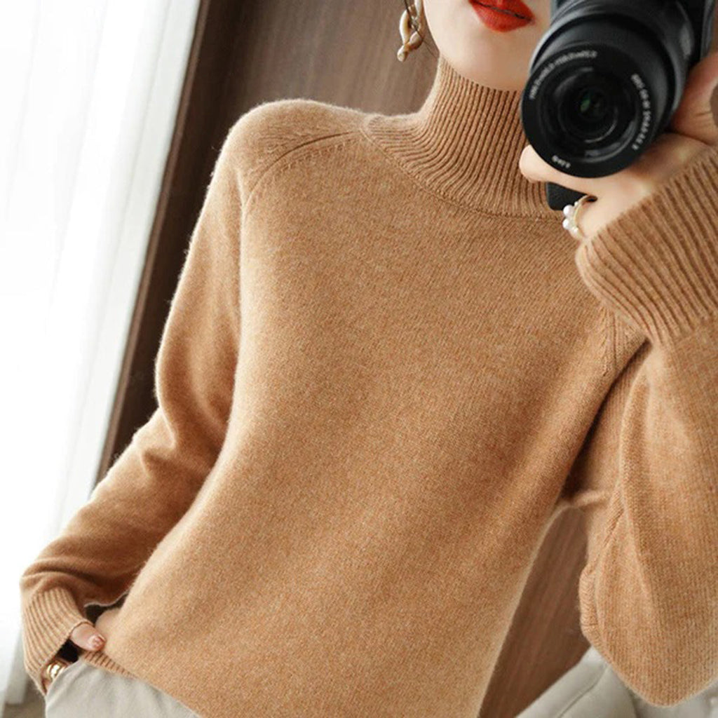 Euphrasia Soft Knit Turtleneck Sweater in a Plain Weave in Camel