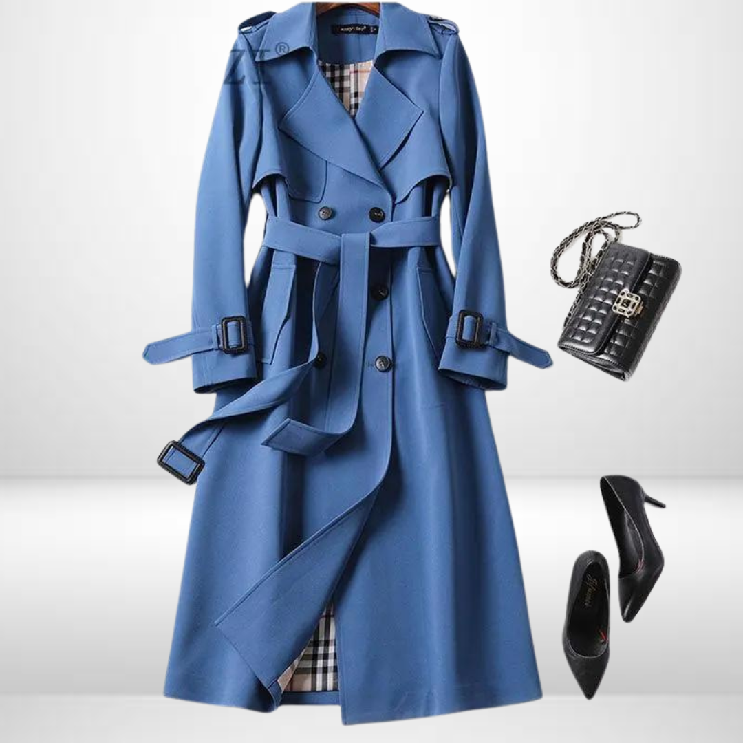 Evie Belted Trench Coat with Storm Flap and Epaulettes in Blue