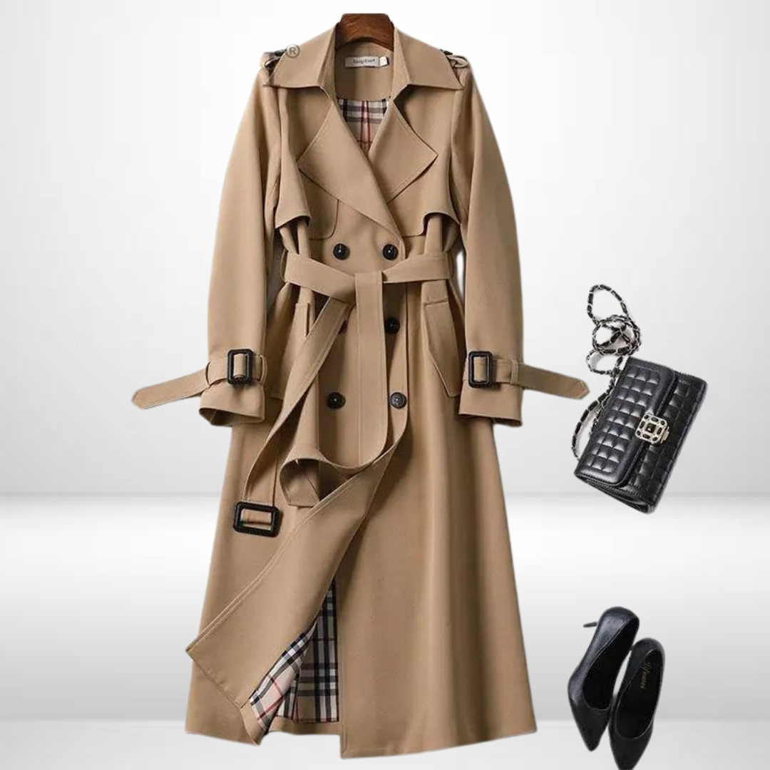 Evie Belted Trench Coat with Storm Flap and Epaulettes in Khaki