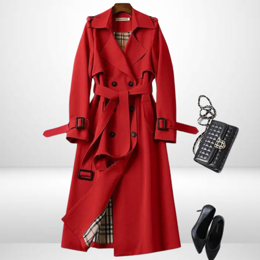 Evie Belted Trench Coat with Storm Flap and Epaulettes in Red