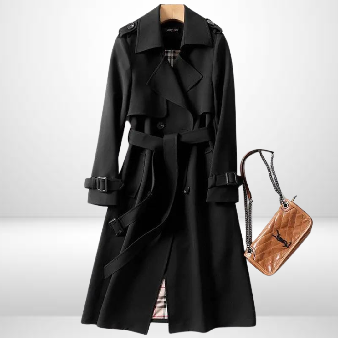 Evie Belted Trench Coat with Storm Flap and Epaulettes in Black