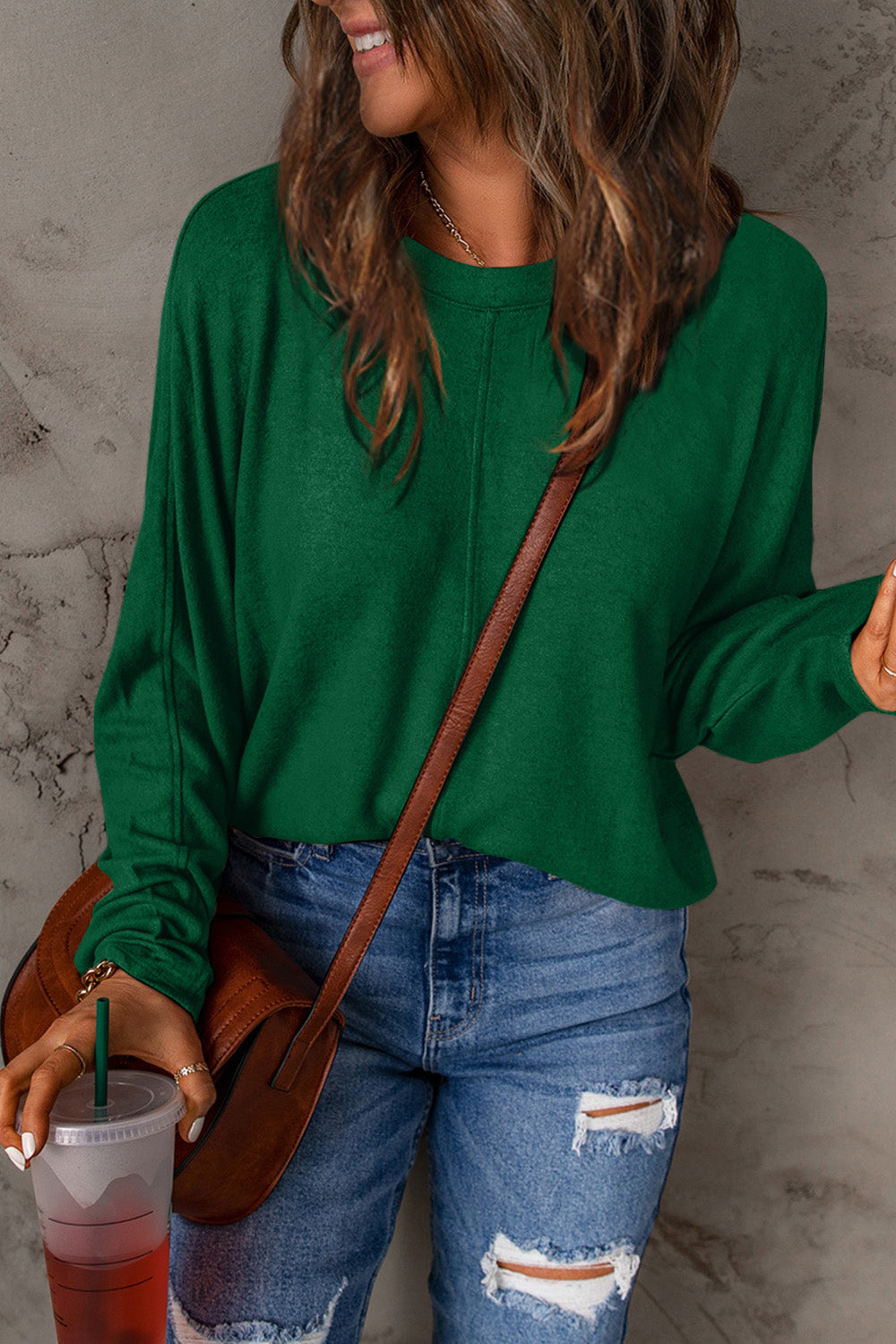 Fiona Relaxed Round Neck Top with Dropped Shoulders in Green