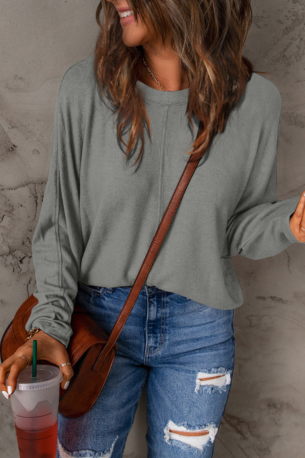Fiona Relaxed Round Neck Top with Dropped Shoulders in Heather Grey