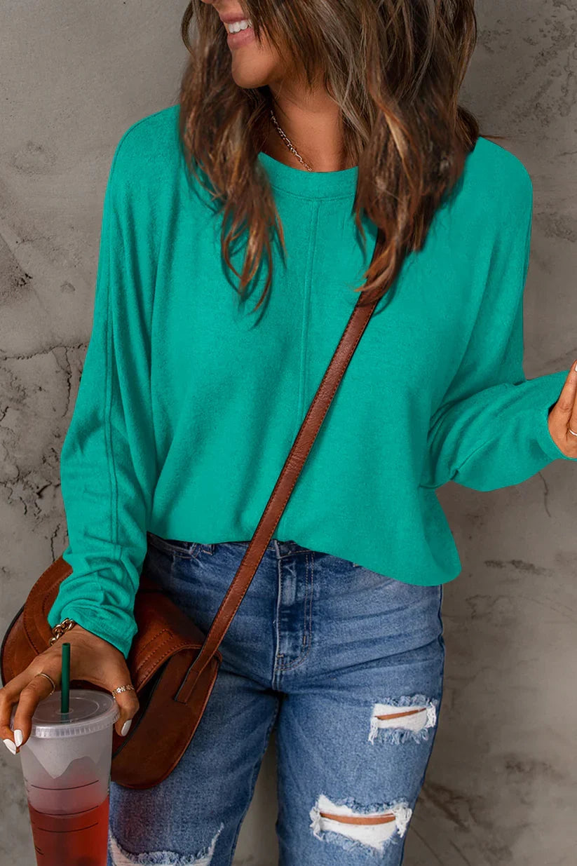 Fiona Relaxed Round Neck Top with Dropped Shoulders in Turquoise
