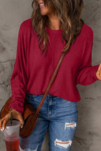 Fiona Relaxed Round Neck Top with Dropped Shoulders in Deep Red