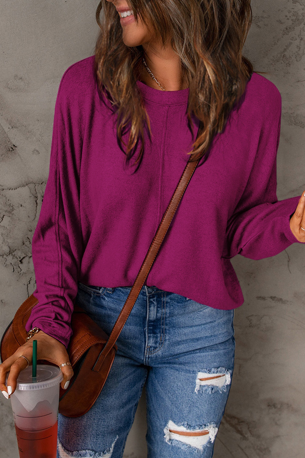 Fiona Relaxed Round Neck Top with Dropped Shoulders in Magenta