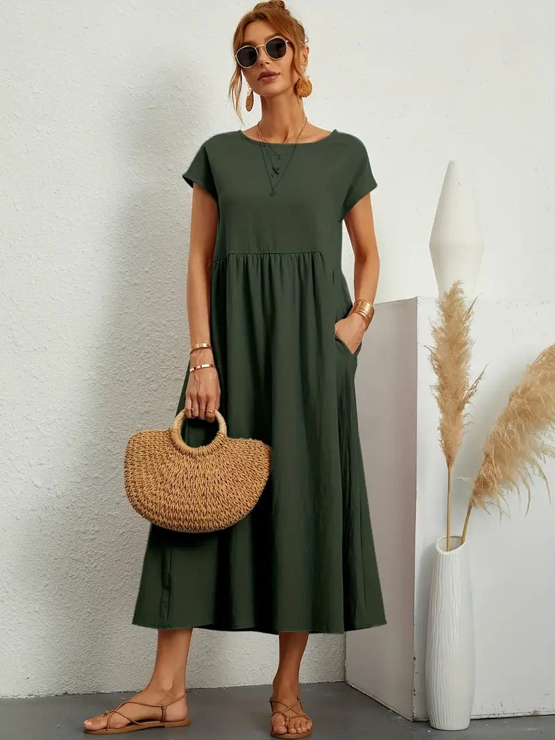 Francesca Flared Maxi Dress with Short Sleeves and Pockets in Army Green