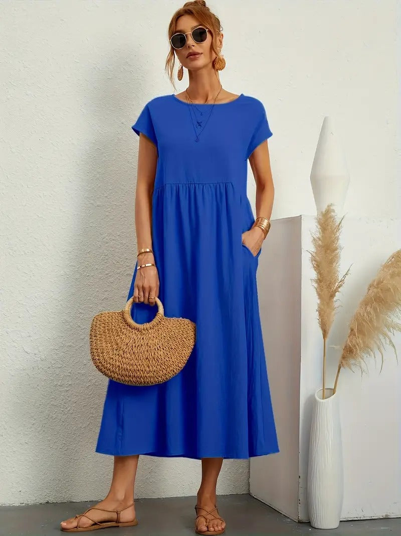 Francesca Flared Maxi Dress with Short Sleeves and Pockets in Blue