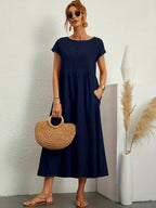 Francesca Flared Maxi Dress with Short Sleeves and Pockets in Navy