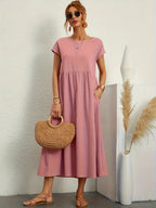 Francesca Flared Maxi Dress with Short Sleeves and Pockets in Pink