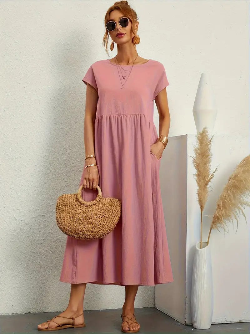 Francesca Flared Maxi Dress with Short Sleeves and Pockets in Pink