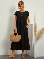 Francesca Flared Maxi Dress with Short Sleeves and Pockets in Black