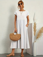 Francesca Flared Maxi Dress with Short Sleeves and Pockets in White