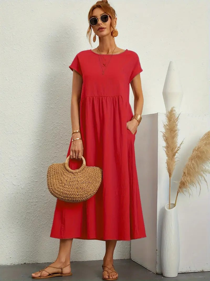 Francesca Flared Maxi Dress with Short Sleeves and Pockets in Red