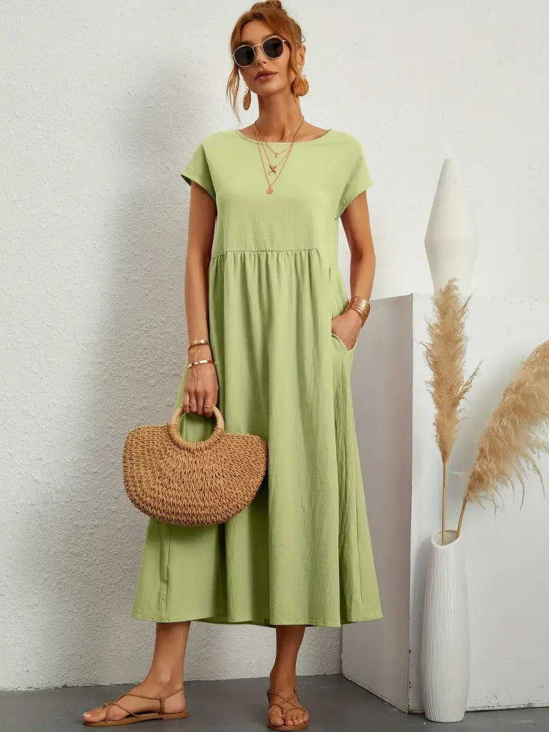 Francesca Flared Maxi Dress with Short Sleeves and Pockets in Yellow