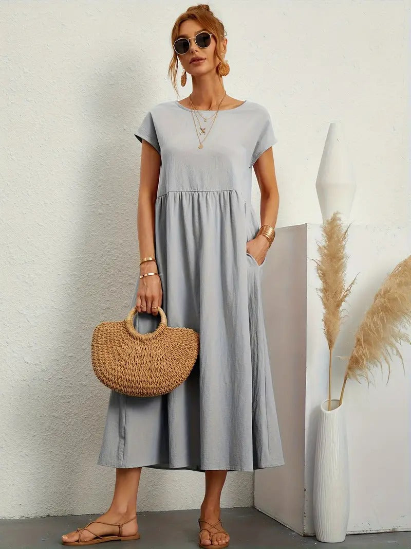 Francesca Flared Maxi Dress with Short Sleeves and Pockets in Grey