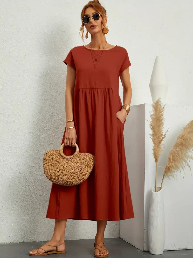 Francesca Flared Maxi Dress with Short Sleeves and Pockets in Brown