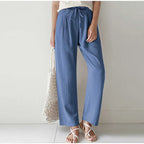 Gretel High-Waisted Pleated Wide-Leg Trousers with Tie in Blue