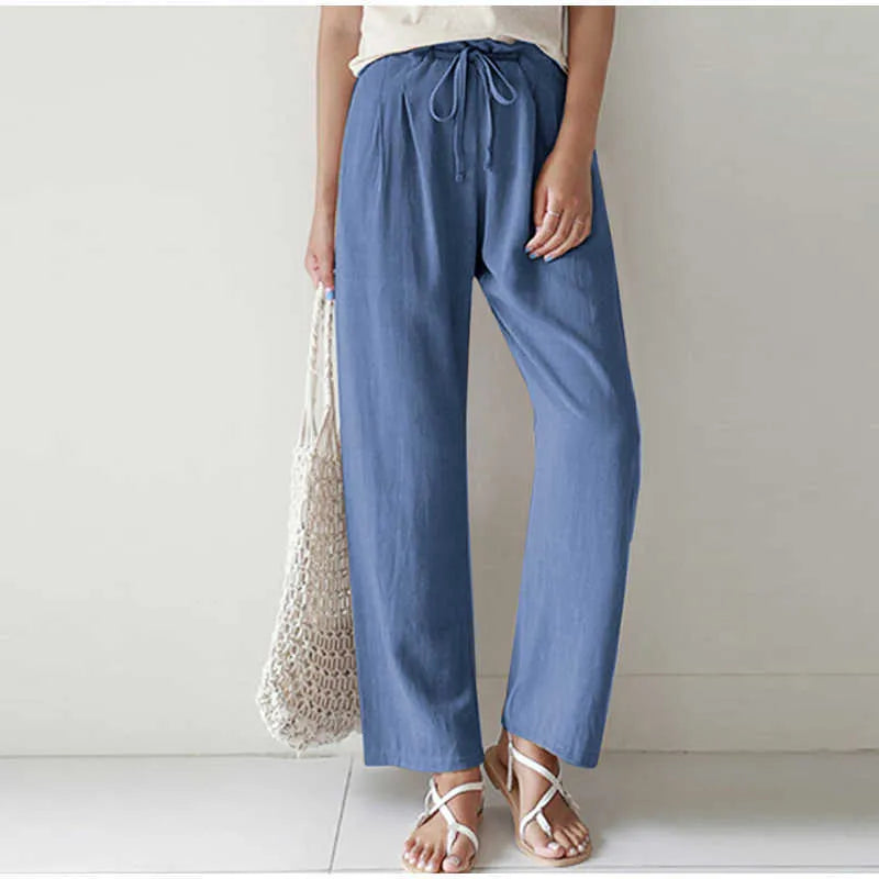 Gretel High-Waisted Pleated Wide-Leg Trousers with Tie in Blue