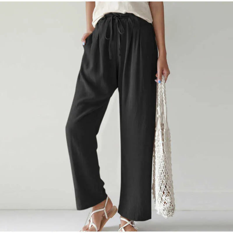 Gretel High-Waisted Pleated Wide-Leg Trousers with Tie in Black
