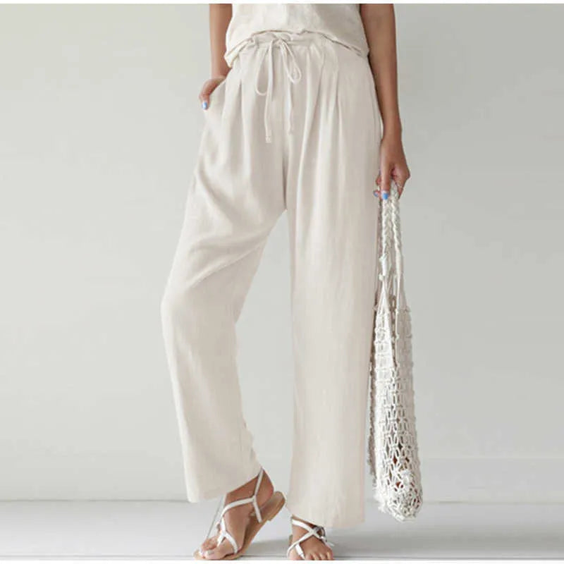 Gretel High-Waisted Pleated Wide-Leg Trousers with Tie in White