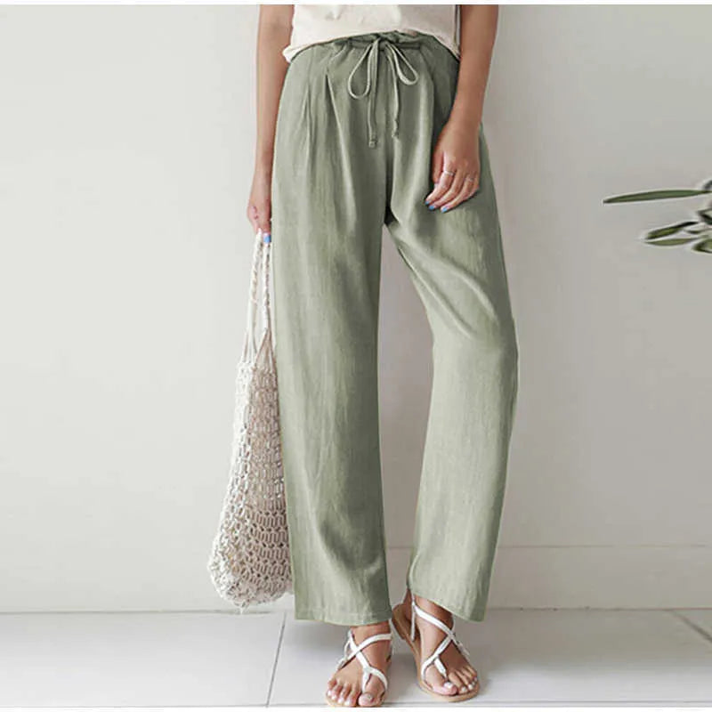 Gretel High-Waisted Pleated Wide-Leg Trousers with Tie in Light Green