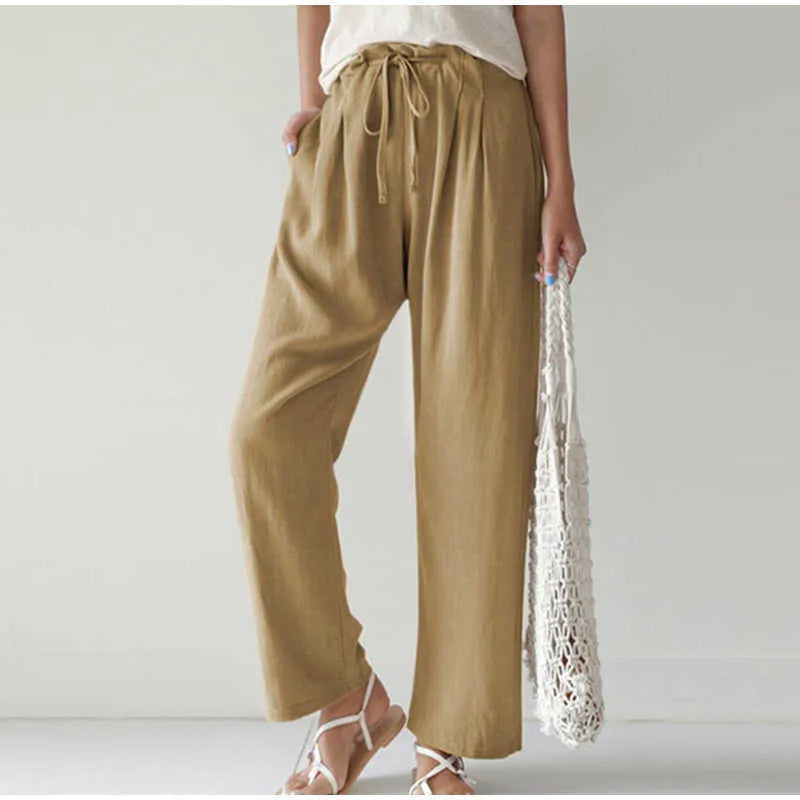 Gretel High-Waisted Pleated Wide-Leg Trousers with Tie in Khaki