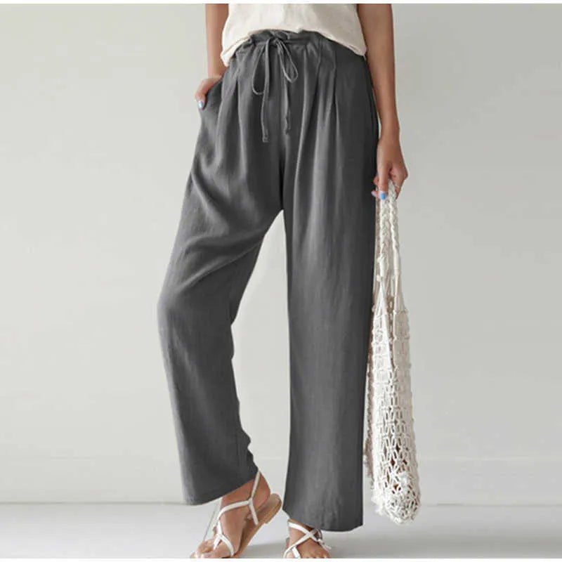 Gretel High-Waisted Pleated Wide-Leg Trousers with Tie in Grey