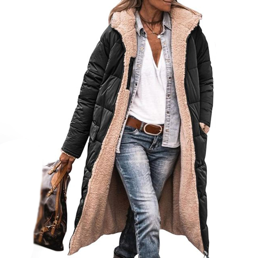 Hazel Long Quilted Coat with Teddy-Look Lining in Black