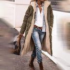Hazel Long Quilted Coat with Teddy-Look Lining in Army Green